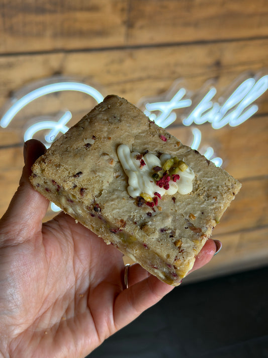 Pistachio, Raspberry & White Chocolate Blondie